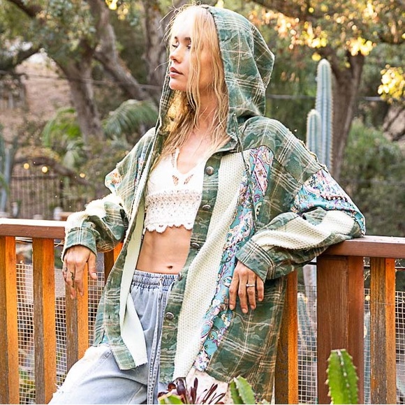 LAST ONE POL Plaid Button Down Hoodie with Multi Color Patchwork - Picture 3 of 7